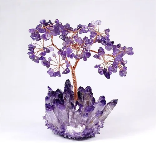 Vista 6 de Árbol de piedra preciosa de árbol de la suerte, árbol de cristal Amatista, árbol de gema de cuarzo, base de cristal, bonsái, decoración de oficina