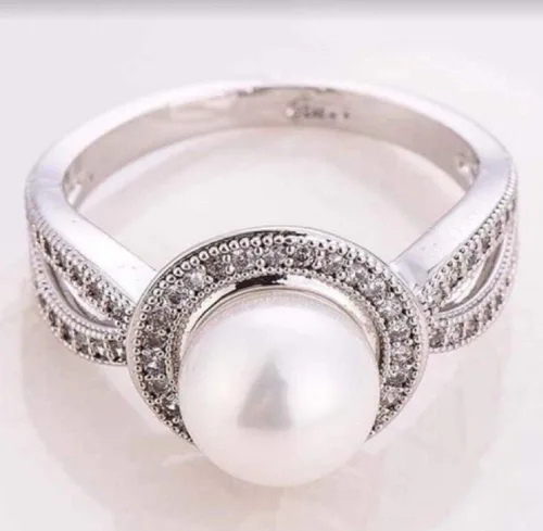 Vista 3 de Xiaomei Anillo de plata de ley 925 con perlas y zafiro blanco para mujer, con perlas blancas, anillo de compromiso de boda, talla 6-10 (talla 8)