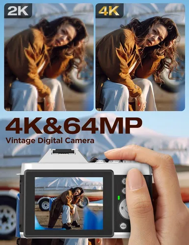 Vista 12 de Cámara Digital Retro Vintage 4K: Cámara de 64MP con Pantalla IPS Retro de 3 Pulgadas, Zoom Óptico 6X, WiFi, Enfoque Automático Recargable