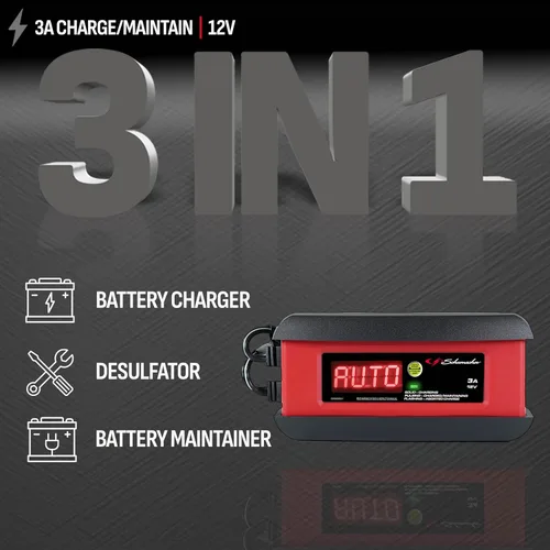 Vista 2 de Schumacher Electric Cargador y mantenedor de batería de coche 3A, solución 3 en 1, para baterías de 12V Power Sport, automotriz y marina, SP1297