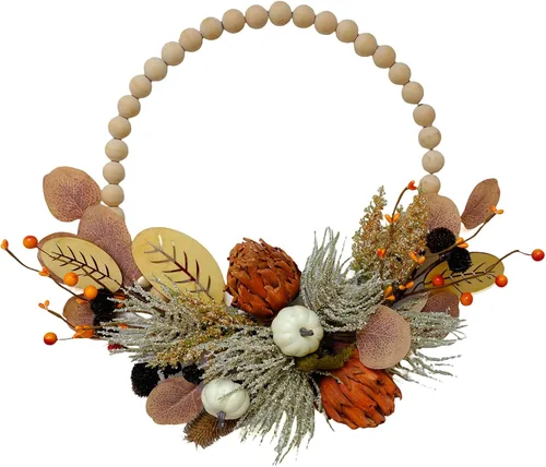 Vista 8 de TEMPUS Corona de madera de otoño de 16 pulgadas, con cuentas de conejo, hoja de oreja de conejo, corona de madera de calabaza artificial, corona