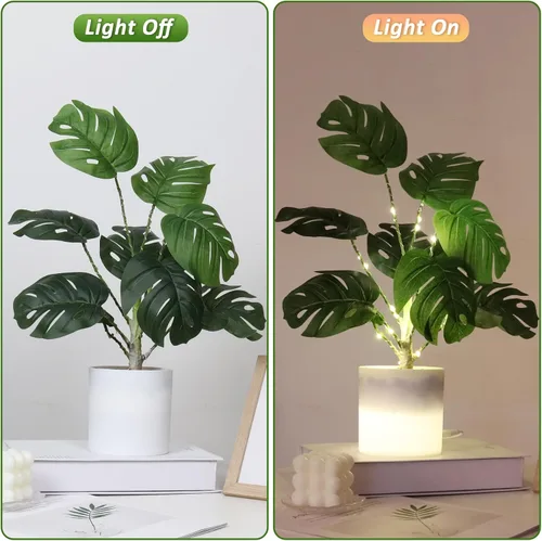 Vista 8 de RECUTMS Plantas falsas altas de 18 pulgadas con luz artificial Monstera planta palmera tropical en maceta blanca de imitación vegetación en maceta