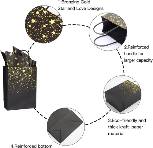 Vista 4 de Sharlity Bolsas de regalo pequeñas de color negro y dorado, 24 bolsas de papel de fiesta con papel de seda de estrella para Halloween, Año Nuevo