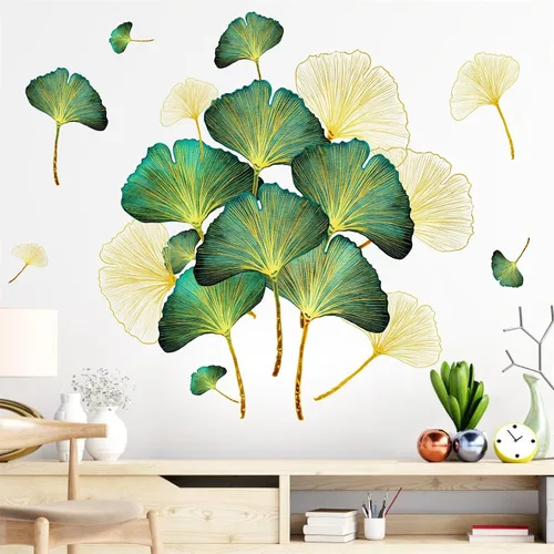 Vista 2 de Calcomanías de pared de hojas doradas, calcomanías de pared de hojas verdes, calcomanías de pared modernas para dormitorio, sala de estar, Oro