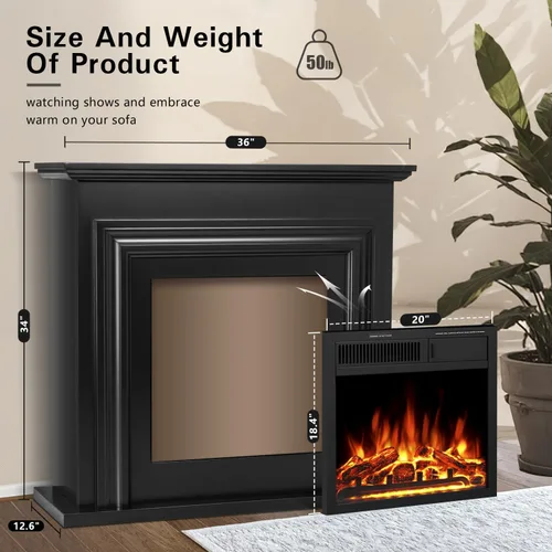 Vista 3 de R.W.FLAME Chimenea eléctrica con chimenea envolvente de madera, soporte de TV negro de 36 pulgadas con chimenea eléctrica independiente, control