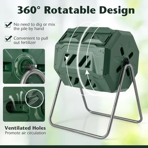Vista 5 de Goplus Contenedor de compostaje de doble cámara para exteriores de 42 galones con 2 puertas corredizas, marco de metal resistente, compostador