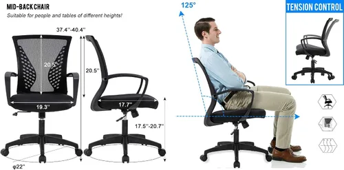 Vista 5 de Simple Home - Silla ergonómica de escritorio de oficina de malla, soporte lumbar, taburete ajustable ejecutivo moderno, silla giratoria para dolor