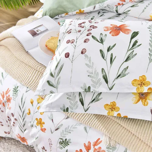 Vista 3 de Funda de Edredón Floral Tamaño King - Flores Blancas Amarillas y Hojas Verdes Primavera Botánica Estampada Juego de Funda de Edredón de Microfibra
