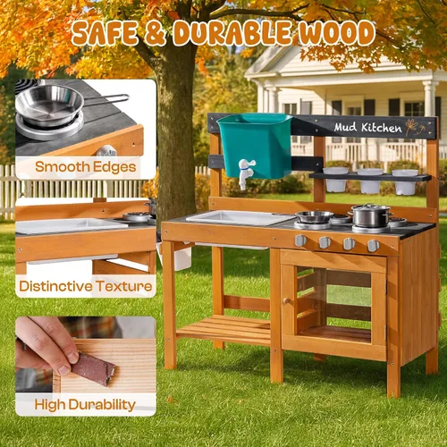 Vista 8 de ROBUD Cocina de Barro para Niños al Aire Libre, Cocina de Juego de Madera al Aire Libre, Cocina de Barro para Niños con Fregadero y Grifo