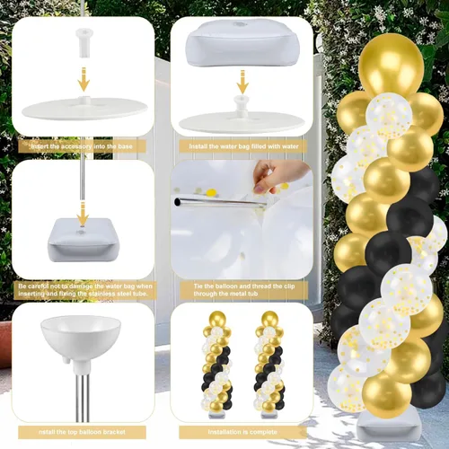 Vista 5 de Kit de soporte para columna de globos con 100 globos, 2 juegos ajustables de 7 pies con bases para piso, soporte de globo de metal ajustable
