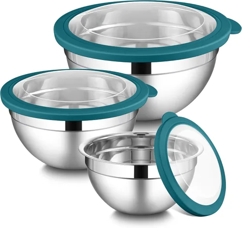 Vista 15 de LIANYU Juego de 3 tazones para mezclar con tapas, tazones de metal de acero inoxidable anidables grandes y pequeños para almacenamiento de cocina