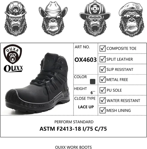 Vista 8 de Botas de trabajo con punta compuesta para hombres, zapatos de seguridad ASTM F2413, sin metal, bota antideslizante (OX4603)