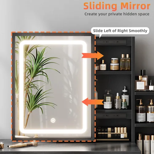 Vista 5 de Escritorio de tocador con espejo y luces, tocador de maquillaje con 3 modos de iluminación ajustables, escritorio de tocador pequeño con espejo