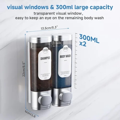 Vista 3 de Dispensador de champú y acondicionador, dispensadores de jabón de ducha recargables, 2 cámaras, sin taladro, dispensador de champú para ducha