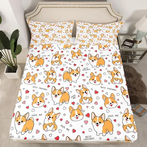 Vista 2 de Feelyou Juego de sábanas Kawaii Corgi para niños pequeños, juego de ropa de cama para niños y niñas, diseño de caricaturas, cachorro, perro, sábana