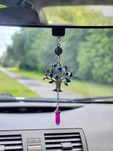 Vista 4 de LUCKBOOSTIUM Amuleto plateado con árbol de la vida con ojo malvado azul y piedra preciosa de cristal, dije para crecimiento, fuerza, protección