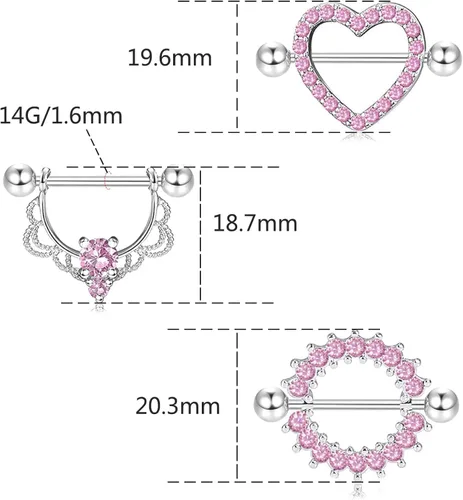 Vista 2 de BODY16G CZCZ 3 pares de anillos de pezón de acero inoxidable 316L de 14G, 3 pares de anillos de pezón de circonita cúbica para pezón, joyería