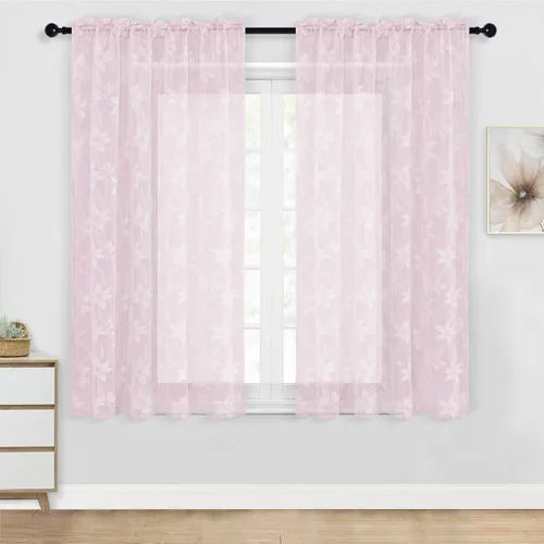 Vista 21 de DWCN Paquete de 2 cortinas traslúcidas pequeñas de encaje floral beige para cocina, cortinas traslúcidas ligeras con bolsillo para barra, cortinas