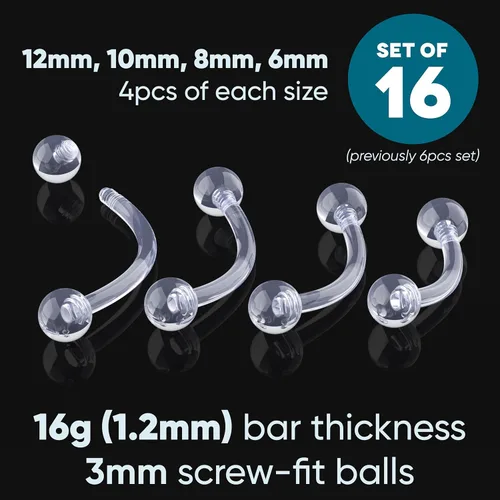 Vista 3 de Retenedores de piercing transparentes de 16g para cirugía - Plástico Bioflex transparente para cejas curvado - Pendientes de cartílago invisibles