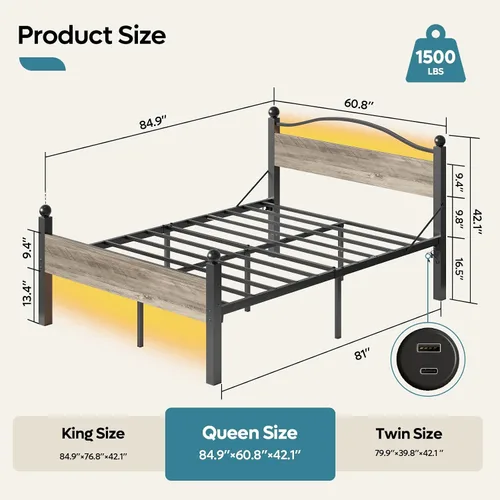 Vista 2 de Pinmoco Base de cama tamaño Queen con cabecero y estribo, cama de plataforma de metal resistente con espacio de almacenamiento debajo de la cama