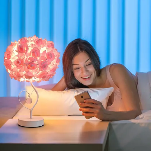 Vista 3 de ZYLEISENBAO Lámpara de Flor de Rosa Rosa Romántica Lámpara de Mesita de Noche Princesa Lámpara de Mesa de Flor para Mesita de Noche Luz de Rosado