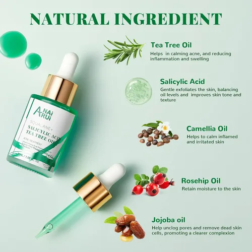 Vista 3 de ANAI RUI Aceite facial para acné, aceite de árbol de té con ácido salicílico, aceite de piel propensa al acné, alivia el acné, alivio