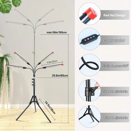 Vista 6 de ¡FECiDA Gamechanger! Luz de cultivo de 36W con 4 cabezas y soporte de trípode, luces de cultivo LED de gran cobertura de 2025 para plantas