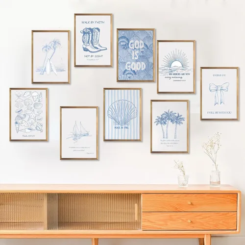 Vista 5 de 9 Piezas Arte de Pared Cristiano Costero Azul Pósteres de Conchas Marinas Versículos Bíblicos Inspiradores Océano Playa Estrella de Mar Palmera
