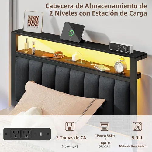 Vista 7 de Furnulem Bases de Cama Individual con Estación de Carga y Luces LED, Cabecero Tapizado Gris con Estantes, Cama de Plataforma de Metal con 2