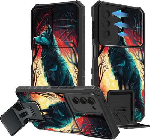 Vista 120 de Funda para Samsung Galaxy A13 5G/4G/A04S, Galaxy A13 5G con cubierta de cámara deslizante, funda de doble capa integrada con función atril