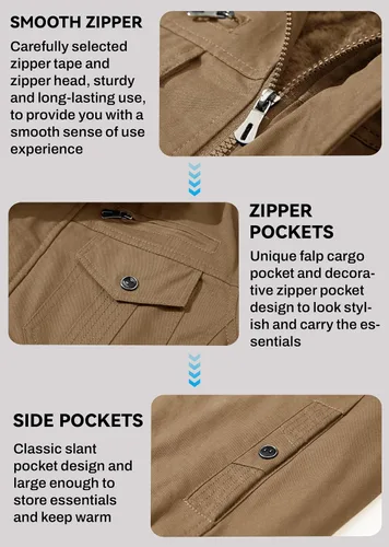Vista 5 de EKLENTSON Chaqueta térmica gruesa de invierno para hombre con múltiples bolsillos con cremallera frontal forro polar chaqueta militar para hombre