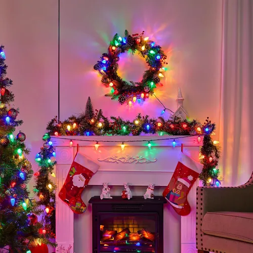 Vista 7 de Luces LED C9 de Navidad para exteriores, 34 pies, 50 LED, impermeables, decoraciones navideñas de fresas, luces de cadena, enchufables, luces