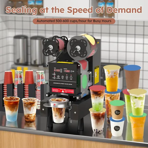 Vista 8 de Máquina de sellado de tazas, sellador automático completo de tazas, máquina Boba eléctrica de 88/89/90/3.740 in, 600 tazas/H, vasos de plástico