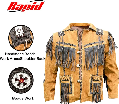 Vista 3 de Chaqueta de cuero vaquero occidental para hombre con flecos de ante nativo americano con cuentas de cuero tradicional - marrón tostado