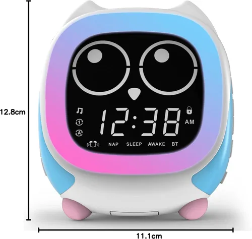 Vista 12 de iTOMA Owl - Reloj de entrenamiento para dormir y despertar para niños, con luz nocturna, ruido blanco, Bluetooth y alarma