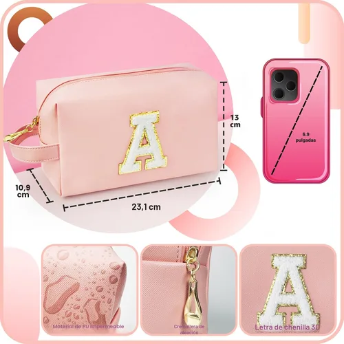Vista 4 de Bolsa de maquillaje personalizada con inicial con asa, bolsa de cosméticos de preparación con bolsillo interior con cremallera, 8, 9, 10, 11, 12 Rosa