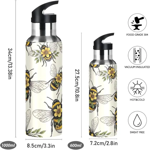 Vista 2 de Insulated Stainless Steel Water Bottle with Straw 20 Oz, Leakproof Water Bottles for Gym Outdoor Travel School, Yellow Flowers Leaves Wings