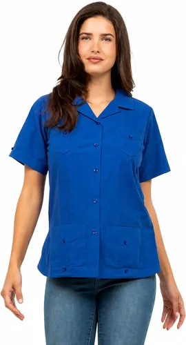 Vista 10 de Mojito Collection Guayabera de manga corta clásica de mezcla de algodón para mujer con 4 bolsillos Aguamarina (Aquamarine)