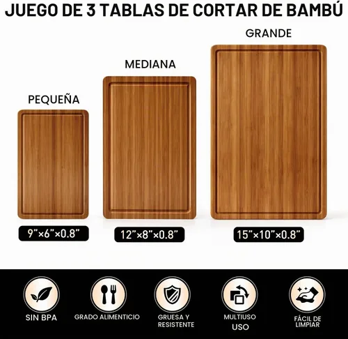 Vista 4 de Juego de 3 tablas de cortar de bambú no tóxicas para cocina con pies antideslizantes Safe Wood Cutting Boards Solid Wooden Chopping Board Butcher