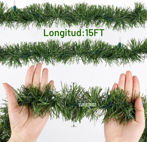 Vista 5 de Biswing Guirnalda verde de Navidad preiluminada de 15 pies, guirnaldas de pino artificial iluminadas con 35 luces multicolor, conectables e