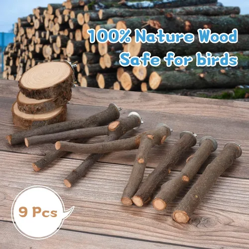 Vista 4 de 9 perchas de madera natural para pájaros, soporte de madera para loros, ramas, accesorios de plataforma para periquitos, cacatúas, conures