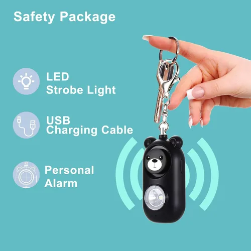 Vista 6 de Llavero de alarma de seguridad personal con luz LED, alerta de emergencia de 130 dB, diseño de oso recargable para mujeres, niños y niñas
