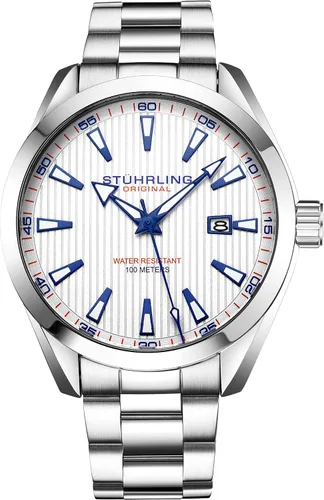 Vista 6 de Stuhrling Original Reloj de vestir para hombre, esfera analógica con fecha, banda de cuero de becerro
