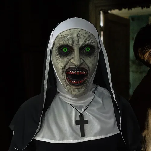 Vista 9 de Máscara espeluznante de monja de Halloween, para adultos, máscara aterradora de Halloween con colgante de cruz para fiestas de máscaras, casas