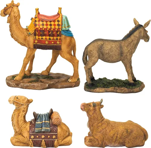 Vista 4 de Three Kings Gifts - Camellos, burro y buey, base inferior plana de Polystone para estabilidad, decoración del hogar, juegos y figuras de belén