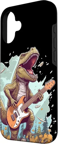 Vista 2 de Funda para iPhone 16 Cool Tyrannosaurus Rex con bajo para amantes de los dinosaurios