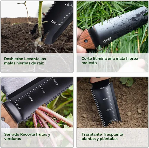 Vista 4 de PERWIN Hori Hori - Cuchillo de jardín, herramientas de jardín con funda, hoja de acero inoxidable de 6 pulgadas con borde de corte, mango ergonómico