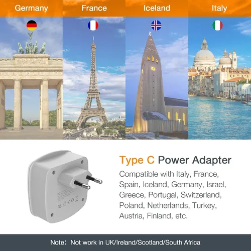 Vista 2 de TESSAN Convertidor de adaptador de enchufe europeo de viaje International Power Plug Converter, 2 USB Ports, Type C Outlet, US to Most of Europe