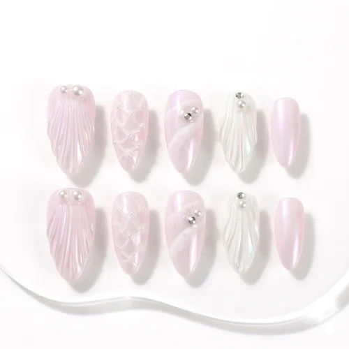 Vista 32 de Sun&Beam Nails Dije hecho a mano de almendra media larga con diseño de diamante de color nude, lindas puntas de uñas postizas, 10 unidades (#99 S)