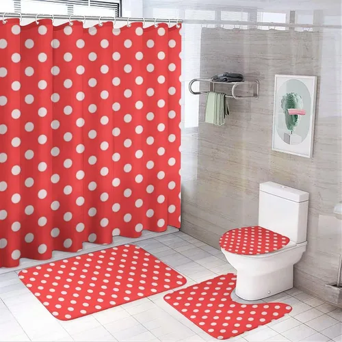 Vista 40 de Juego de 3 alfombras de baño con diseño de lunares, color azul aguamarina, antideslizante, con contorno en forma de U y tapa de inodoro